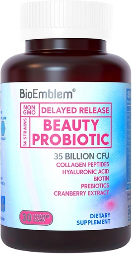 [BRSW2CQBCEFWGEYZ] BioEmblem Beauty Probiotics for Women, 35 Billion CFU 14 Strains with Biotin, Collagen, Prebiotics for Digestive Health, Hair Skin and Nails, Vaginal Probiotics Supplement, Shelf Stable, 30 Caps