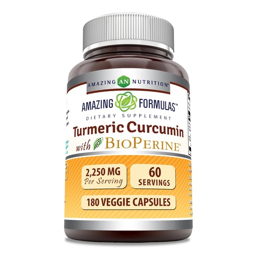 [BRSRMCQQCIHWYE3Z] Amazing Formulas Turmeric Curcumin with Bioperine Supplement | 2250 Mg per Serving | Veggie Capsules | Non-GMO | Gluten-Free | Made in USA (1 Pack, 180 Count)