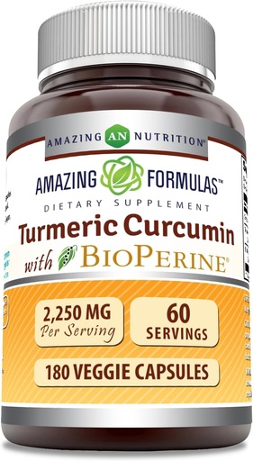 [BRSRMCQQCIHWYE3Z] Amazing Formulas Turmeric Kurkumīns ar Bioperīna Papildinājums - 2250 Mg Per Servējot - Veggie Kapsulas - Non-GMO --Lutten-Free -Ražots ASV (1 Pack, 180 Count)