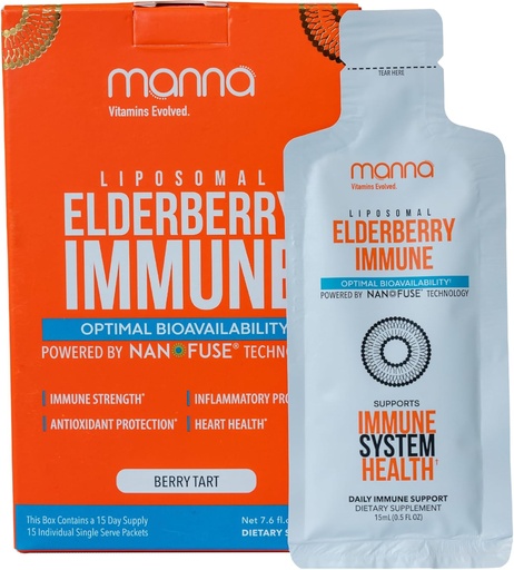[BRSRMGDYPJ6RMD3G] Manna Vitamin Evolved Liposomal Elderberry immunologiczne Pakiety, Witaminy C, D itp. - Codzienne wsparcie immunologiczne dla dorosłych, Dzieci - Bez cukru, Real Elderberry Extract, Syrop, Przyjazny dla podróżujących, 15 Pack