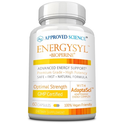 [BRSW22QPAACWKCT2] Approved Science Energysyl - Caffeine Free - with Adaptogens, B Vitamins, and Bioperine - 1 Month Supply - 60 Capsules - Made in The USA