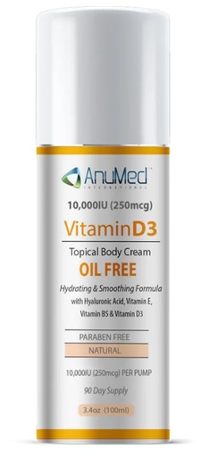 [BRSW2AYFC4JQMYDP] AnuMed Vitamin D3 10,000 IU Oil-Free Cream with Magnesium + Hyaluronic Acid, Vitamin E. Moisturizing Cream for Dry Skin. Non-Greasy, Non-GMO, 100% Vegan, Gluten-Free (3oz)