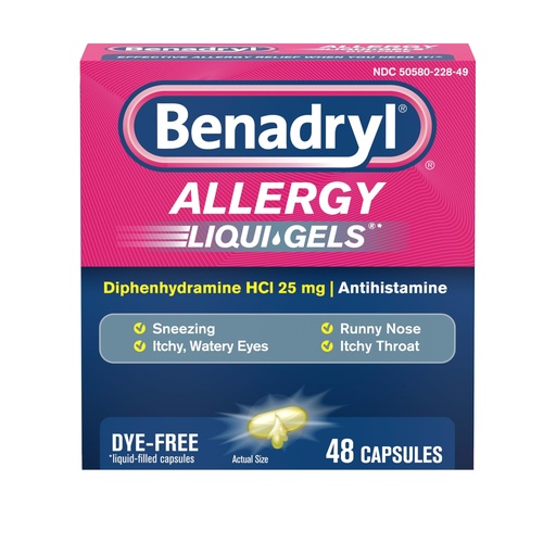 [BRSROZYCPMMAAETU] Benadryl Liqui-Gels Antihistamine Allergy Medicine & Cold Symptom Relief, Dye-Free Liquid Gels with 25 mg of Diphenhydramine HCl for Symptoms Such As, Runny Nose, Sneezing & More, 48 ct