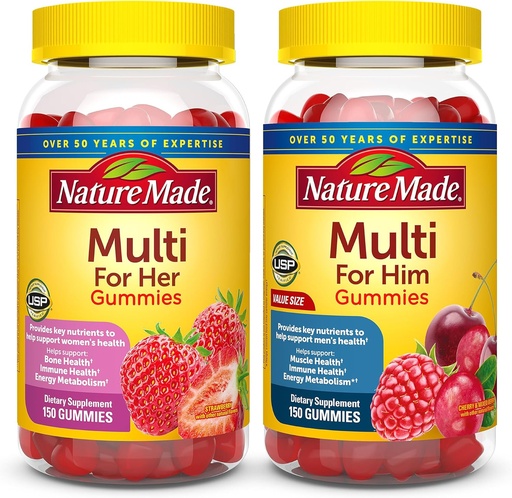 [BRSROFL6BB7GA2YY] Nature Made Multivitamín Gummies Combo Pack pre neho a pre ňu, Chutné Muži a ženy Multivitamín s vitamínom C, vitamín D3, B Vitamíny, zinok a viac, dve multivitamínové fľaše
