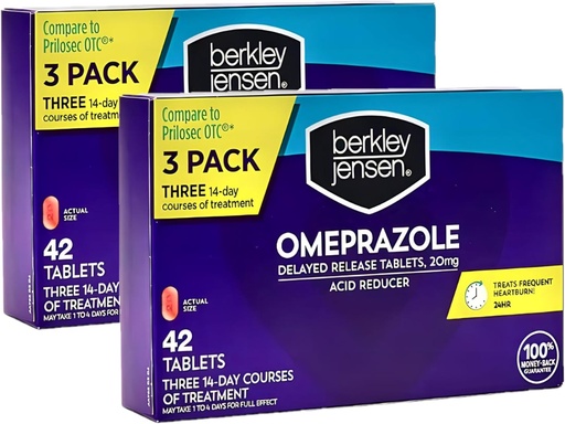 [BRSRA2T6OB7GMELA] Berkley Jensen Omeprazole 20 mg Comprimés à libération différée - Médecine des brûlures d'estomac - Pilules réducteurs d'acide - traite les brûlures d'estomac fréquentes - 3 cours de 14 jours, 42 Nombre (paquet de 2)