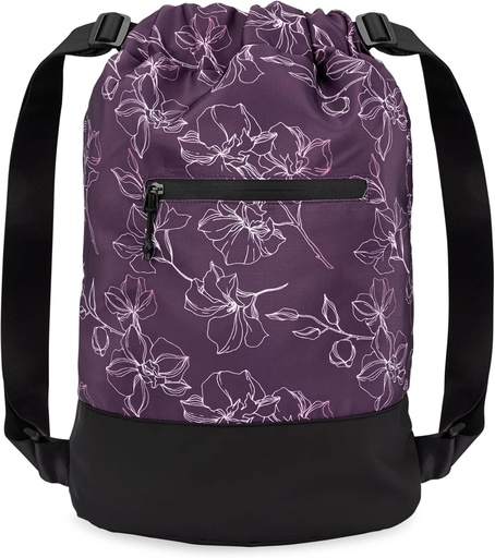 [BRSROALROF7AM33L] GOMOYO Flex Cinch Drawstring Gym Bag for Women | Plum - Flowers | 18" x 14" x 7" | Gym Cinch Backpack