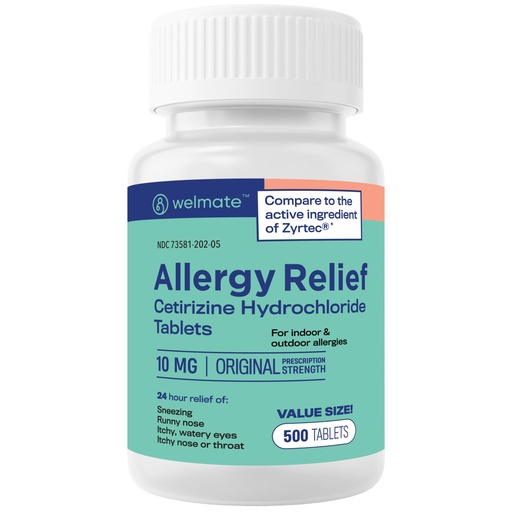 [BRSW2EIDPIMAO2Q7] WELMATE - Allergy Relief (500 Tablets) Cetirizine Hydrochloride 10mg - 24 Hours - Non Drowsy - Indoor & Outdoor Allergy Medicine - Antihistamine - Nose, Eyes & Throat - Over-the-Counter Medication
