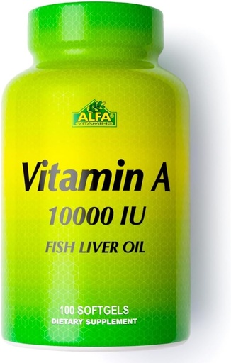 [BRSWIHIAAYBREHQZ] ALFA VITAMINS - Vitamin A - Fish Liver Oil 10,000 IU - Daily Dietary Supplement Helps Supports Vision, Skin and Immune System - 100 Softgels