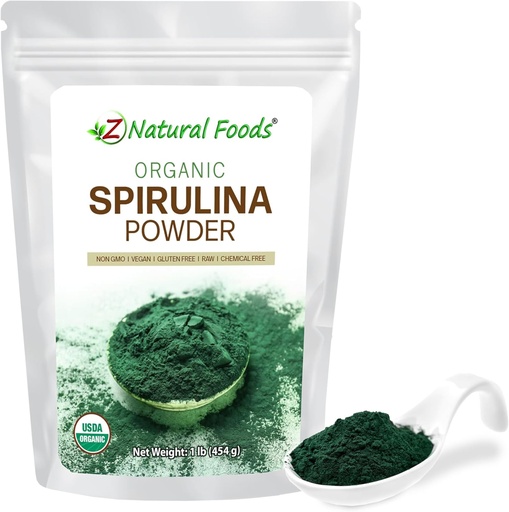 [BRSWIHY7OINRKETC] Z Aliments naturels Poudre de spiruline biologique - 100% de spiruline pure, d'algues bleues-vertes nutritives avec acides aminés, 15x Beta-Carotène - Mélanger dans des smoothies, yogourt, Recettes, 1 lb