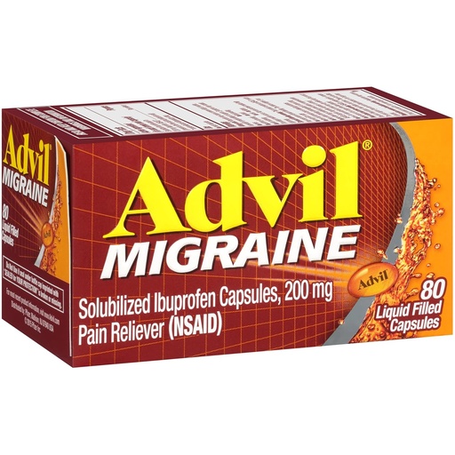 [BRSWIYTZCUCQGET4] Advil Migraine Біль Reliever, Solubilized Ibuprofen 200mg, 80 Count, Рідкі заповнені капсули, Потужний Migraine Relief