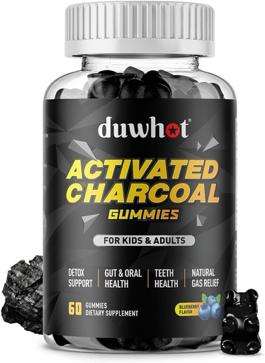[BRSROZA5BF6RG2T5] Activated Charcoal Gummies for Kids, 500mg Chewable Activated Charcoal Supplement for Gas Relief, Detox, Digestive and Oral Health, Vegan Blueberry Flavor, 60 Count