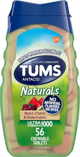 [BRSWYBTYCAPQ4HYV] TUMS Naturals Ultra Strength Antacid Chews for Heartburn Relief, Black Cherry & Watermelon - 56 Kont