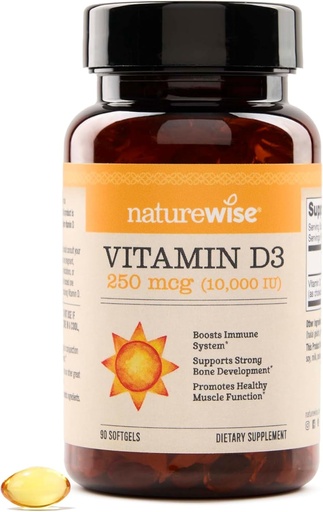 [BRSRAAQHBUHQYA36] NatureWise Vitamin D3 10,000IU (250 mcg) 90-Day Supply - High Potency for Healthy Immune Support & Muscle Function, Non-GMO, Gluten-Free in Organic Extra Virgin Olive Oil, (Mini Softgel), 90 Count