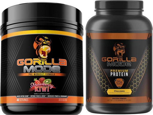 [BRSRAZQOB4ARGELK] Gorilla Mind Pre Workout (Strawberry Kiwi) + Premium Whey Protein (Chocolate) - Comprehensive Stack for Fueling Maximum Results