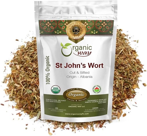 [BRSWYGIYBN4BA2DG] Organic Way St. John's Wort Cut & Sifted (Hypericum perforatum) - Herbal Tea | European Wild-Harvest | Organic, Kosher & USDA Certified | Vegan, Non GMO & Gluten Free | Origin - Albania (8 Oz)