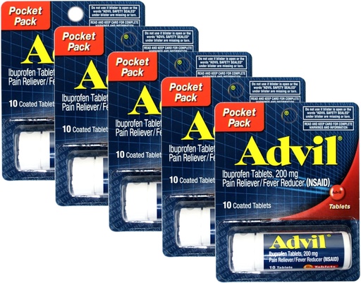 [BRSRAGT4CIJROYAV] Advil Ibuprofen 200mg (NSAID) Pocket Pack, 10 compresse rivestite (Pack of 5)