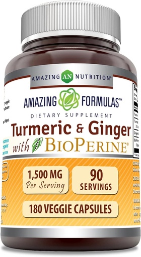 [BRSWGZI6OEAQEAAU] Amazing Formulas Turmeric Curcumin & Ginger with BioPerine Supplement | 1500 Mg Per Serving | 180 Veggie Capsules | Non-GMO | Gluten Free | Made in USA | Ideal for Vegetarians