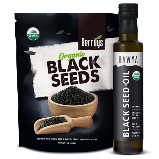 [BRSW2C32AEBROHLK] RAWYA Black Seeds + Black Seed Oil - USDA Organic Certified, Cold Pressed, Nigella Sativa, Cumin Seed Oil, Kalonji, Premium Quality, High Thymoquinone, Pure & Natural, 8.4 Oz + 16 Oz Seeds