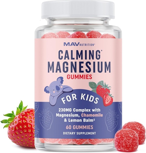 [BRSWGBIBA4HBYE3L] Magnesium Calming Gummies för barn | Strawberry | Relaxation & Natural Wake-Sleep Cycles | Relaxing Magnesium för barn med Chamomile & Lemon Balm | Non-GMO, Gluten-Free | Calm Gummies 60ct