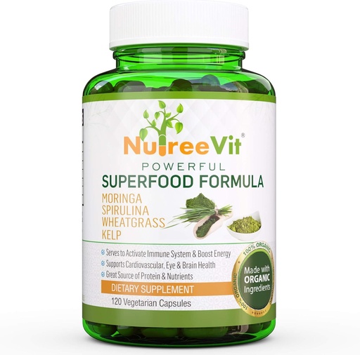 [BRSWKHT3CYPRWHDO] NutreeVit 100% Organic Powerful Superfood Formula - Immune System Booster Energy Pillen met Moringa, Spirulina, Tarwegras en Kelp - 90 Telfles