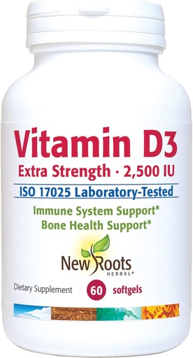 [BRSW2BAYOINGEFIZ] NEW ROOTS HERBAL Vitamin D3 2,500 IU (62.5 mcg) | Healthy Muscle Function | Immune Support | Non-GMO & Gluten-Free (60 Softgels)
