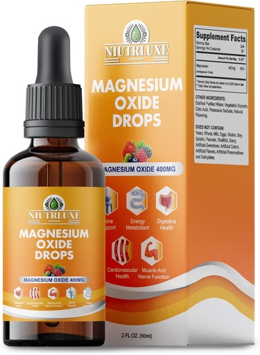 [BRSRAEAFBUAQEFA2] Liquid Magnesium Oxide 400mg Drops - Liquid Magnesium Oxide Supplement for Bone, Muscle, and Heart Health, Sublingual Magnesium Oxide, High Potency, Easy-to-Absorb, 60ml