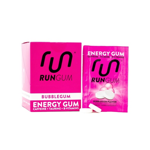 [BRSWGHDRBEPB63TL] RUN GUM Bubblegum Energy Chewing Gum 50mg Cafeïne Taurine & B-Vitamins Per stuk, 24 stuks (pakket van 12) Suikervrij, Zero Calorie, Geen Aspartaam, en Glutenvrij