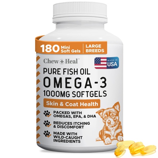 [BRSROEIPCMDRMHIZ] Wild Caught Omega 3 Fish Oil for Dogs - 180 Softgel Capsules for Healthy Skin and Coat - Large 1000 mg Dog Fish Oil Pills for Shedding, Dry Itching Skin, and Hot Spots - Pet Omega Salmon Supplement