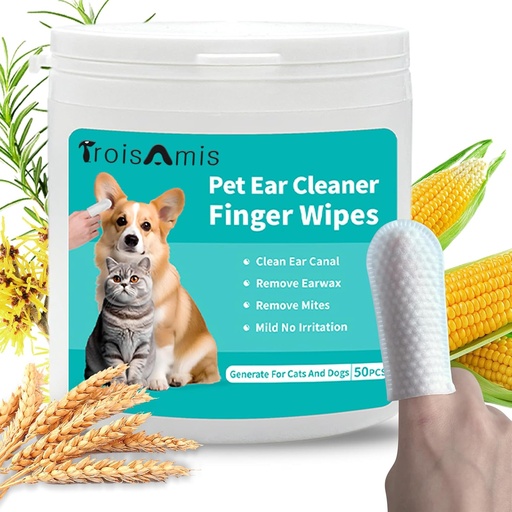 [BRSRAATYOYPRU3DJ] TroisAmis Pet Ear Cleaning Finger Wipes for Dog and Cat, Thick Dog Ear Cleaner Wipes with Gentle and Natural Ingredient, Remove Earwax, Debris-Sooth &Deodorize-Relieve Ear Itch & Inflammation-50 Count