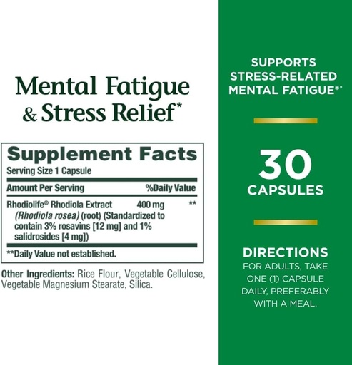 [BRSRACAZOAPB6E36] Naturens Bounty Mental tretthet og stress relief, Rhodiola Supplement, 400 mg, Kapsler, 30 greve (Pack of 2)