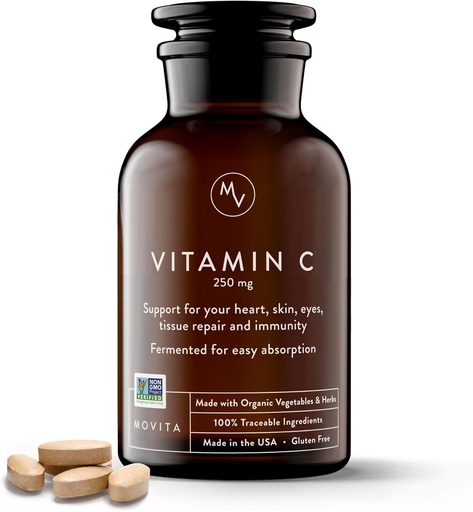 [BRSW2BAOOAFQADLF] Movita Fermented Vitamin C 250mg – Immunity Booster, Antioxidant Protection, Aids Collagen Synthesis & Iron Absorption – Organic, Vegan, Gluten-Free, Non-GMO – 30-Day Supply (Glass Bottle)