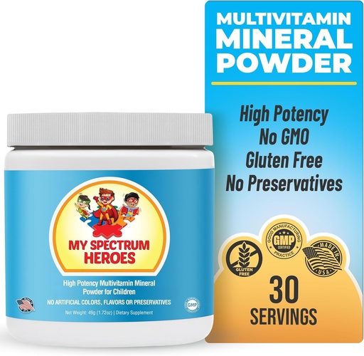 [BRSRAFIQC4CBSDL4] Mitt Spectrum Heroes Kids Powder Multivitamin - pulvertilskudd, bedre absorpsjon, ikke-GMO, Ikke-Gluten, Ingen kunstige ingredienser - Neural hjelp for barn på Spectrum - 30 Services