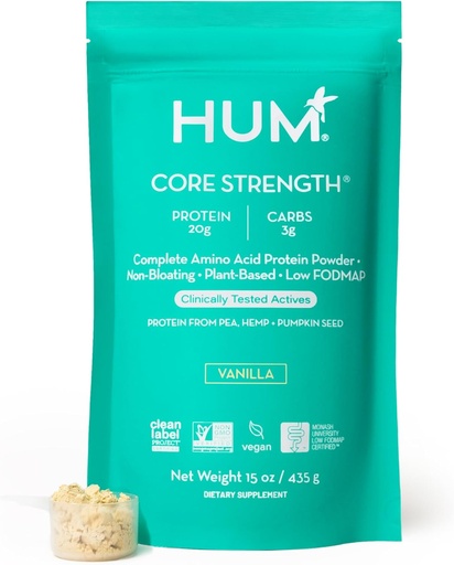 [BRSW2YDYPMJQ2HLH] HUM Core Strength Vanilla Vegan Protein Powder, Gluteeniton, kasvipohjainen, 20g Proteiinia per tarjoilu, Aminohapot, Pea Hamppu ja kurpitsa siemenproteiinit, Alhainen Fodmap, Gut-Friendly, Helppo syödä, 15 tarjoilua