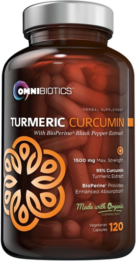 [BRSWKF3RBABAAGDE] OmniBiotics Organic Turmeric Curcumin Supplement med Black Pepper Extract - 1500mg gurkmeja med 95% Curcuminoids & BioPerine, Hög Absorption för gemensamt stöd - 120 Vegan kapslar