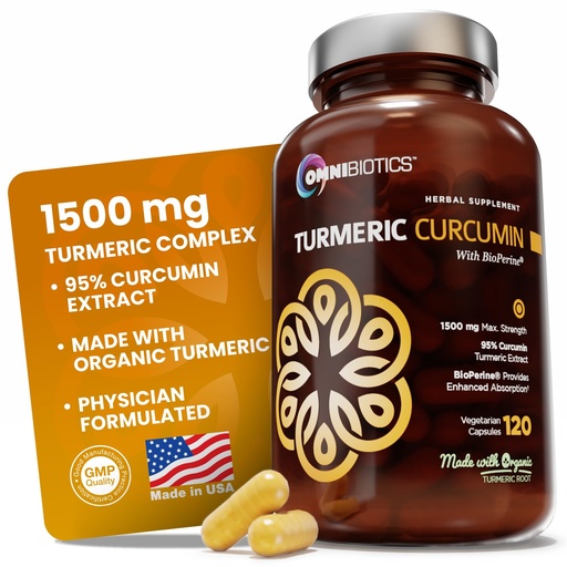 [BRSWKF3RBABAAGDE] OmniBiotics Organic Turmeric Curcumin Supplement with Black Pepper Extract – 1500mg Turmeric with 95% Curcuminoids & BioPerine, High Absorption for Joint Support – 120 Vegan Capsules