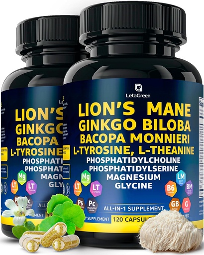 [BRSROBQCDJ5BM3Q6] 유기 사자 Mane 보충교재 캡슐 - 240 Ginkgo Biloba 허브, Bacopa Monnieri, L Theanine, L Tyrosine를 가진 진짜 버섯 사자원의 Mane 캡슐