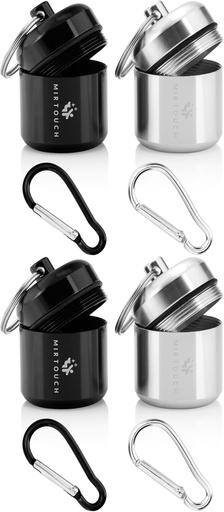 [BRSRA2T4OUPGYCLK] Portable Keychain Pill Holder Case - Discreet Waterproof Mini Pill Container Carrier with Strong Carabiners for Pocket Purse Travel Bags - Aluminum Alloy Pill Fob Box for Medicine Jewelry - 4 Pack
