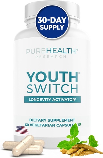 [BRSW2BQPDF5WCAYU] PUREHEALTH INVESTIGAÇÃO Jovem Interruptor - Suplemento anti envelhecimento com Ashwagandha Extract 600 mg KSM-66 - Ativador de Longevidade - Suplementos de Telomere - Interruptor & Envelhecimento Reverso, 1 Frasco - 60 Cápsulas