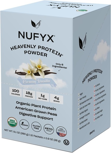 [BRSROBI7CR5AGELA] NUFYX® • Heavenly Protein® Powder • World’s Finest 100% Organic American Grown Peas • Vegan • Gluten Free • Low Carb (Creamy Vanilla, Box of 10 Packets)