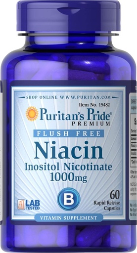 [BRSWIZQ3OV7QGE3K] Puritans Pride Flush Free Niacin Inositol Nikotinat 1000 Mg-60 kapsler, 60 greve