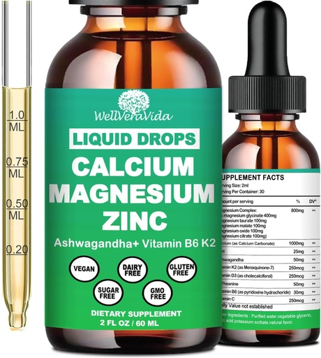 [BRSROCYCCRYWYGYZ] Calciu Magneziu Drops lichid de zinc cu vitamina D3 K2, supliment de calciu de mare potențial Magneziu w/complex Magneziu, zinc, Theanine