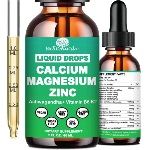 [BRSROCYCCRYWYGYZ] Calcium Magnesium Zinc Liquid Drops with Vitamin D3 K2, High Potency Calcium Magnesium Supplement w/Magnesium Complex, Zinc, Theanine丨Gluten Free丨 for Immune, Bone,Muscle, Mood & Sleep Support