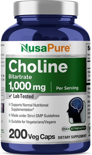 [BRSROBAHOAOQIETG] НусаPure Choline Bitartrate 1000 мг 200 Веггі Капсули (Веган Вегетаріанський, Non-GMO)