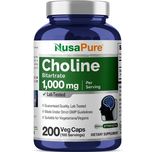 [BRSROBAHOAOQIETG] NusaPure Choline Bitartrate - Suitable for Vegetarian/Vegan, Non - GMO - 1000 mg 200 Capsules