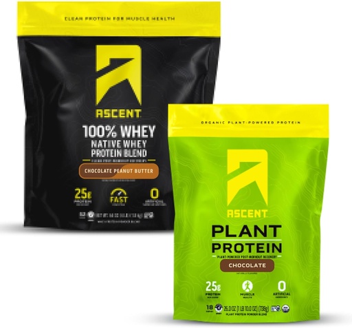 [BRSROFIOCQMWE3T7] Ascent Whey + Plant Protein Powder - Chocolate Peanut Butter 4 lb & Chocolate 18 Servings