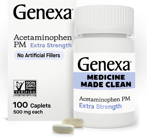 [BRSW2CY5O57BOE3H] Genexa Clean Acetaminophen PM 500mg Extra Strength, Dye Free Pain Reliever, Nighttime Sleep Aid, Fever Reducer, 0% Artificial Additives, Relieves Headache, Backache, Minor Arthritis Pain, 100 Tablets