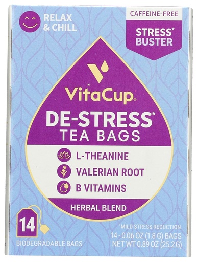 [BRSWY2YQOZ7WOCY2] DeStress Herbal Tea Bags by VitaCup, Relax & Chill w/Chamomile, L-Theanine, Valerian Root & B Vitamins, Caffeine Free Single Serve Wellness Tea Sachet Bag, 14 ct