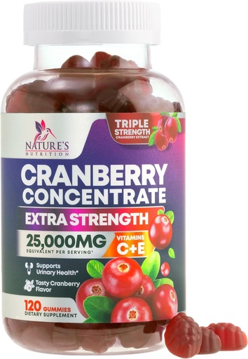 [BRSW2CD4AAHGYELK] Cranberry Gummies 50:1 Cranberry Extract - Urin Tract støtte laget med 25 000 mg, hjelper rengjøring og beskyttelse, Cran Berry Gummy Supplement + Vitamin C, Chewable Cran piller for kvinner - 120 Gummies