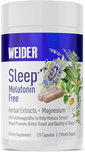 [BRSRAZT3AUFRA3I4] Weider Melatonin Free Sleep Aid Supplement with KSM-66 Ashwagandha, Magnesium, Lavender, Lemon Balm, Chamomile, Valerian and Passionflower Extracts, Hormone & Drug- Free, Non-Habit Forming, 120ct