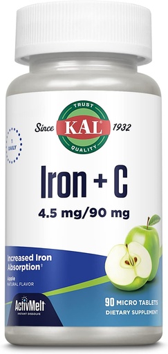 [BRSRMAACOIHA2FYV] KAL Iron C, 90 Tablets, 4.5 mg/90 mg, Natural Apple Flavor, Increased Absorption Iron Pills, Immune Support
